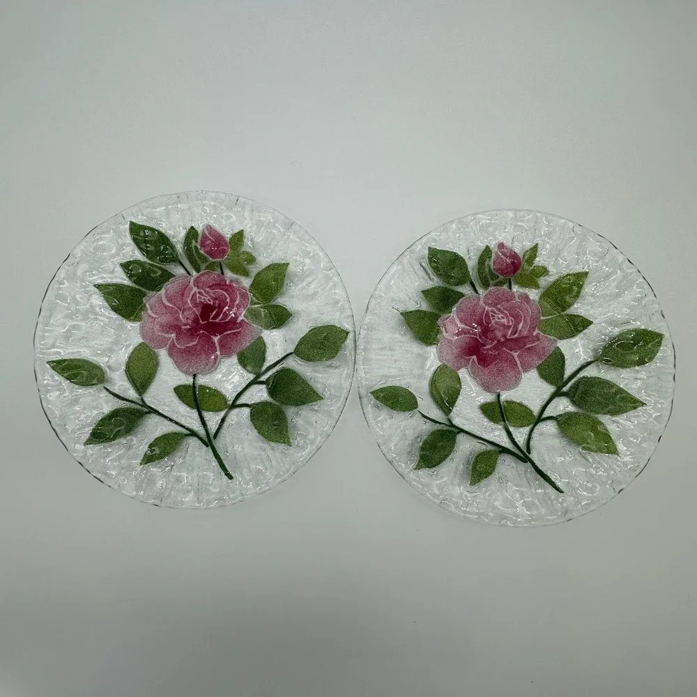 Sydenstricker Fused Glass Pink Rose Plates Set of 2 Signed Syd Cape Cod 8.25in